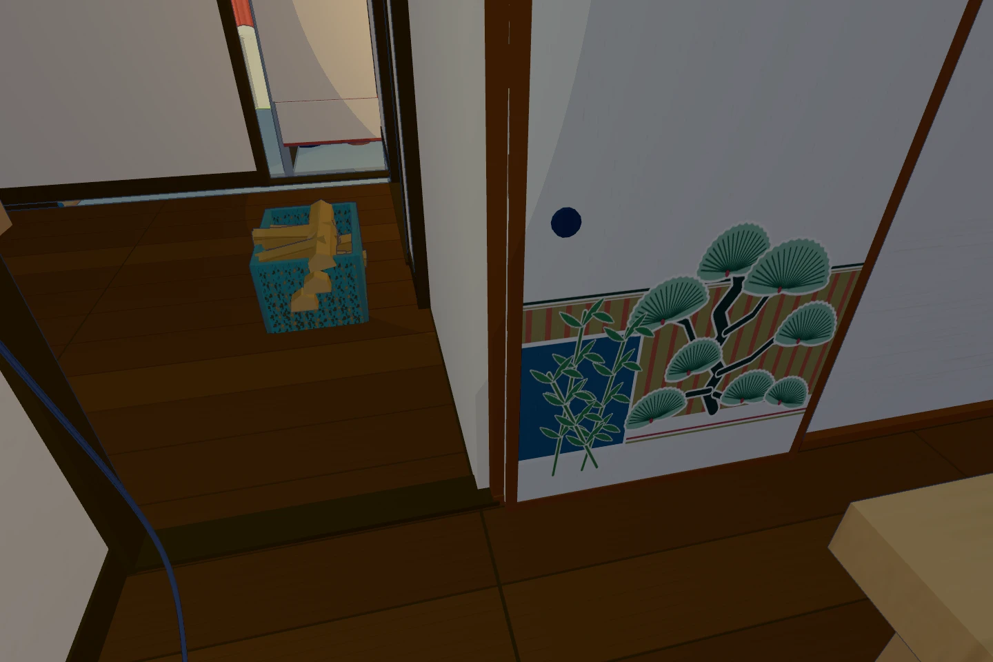 松と竹の絵がある襖と、薪が入った青いかごを再現した3D画面