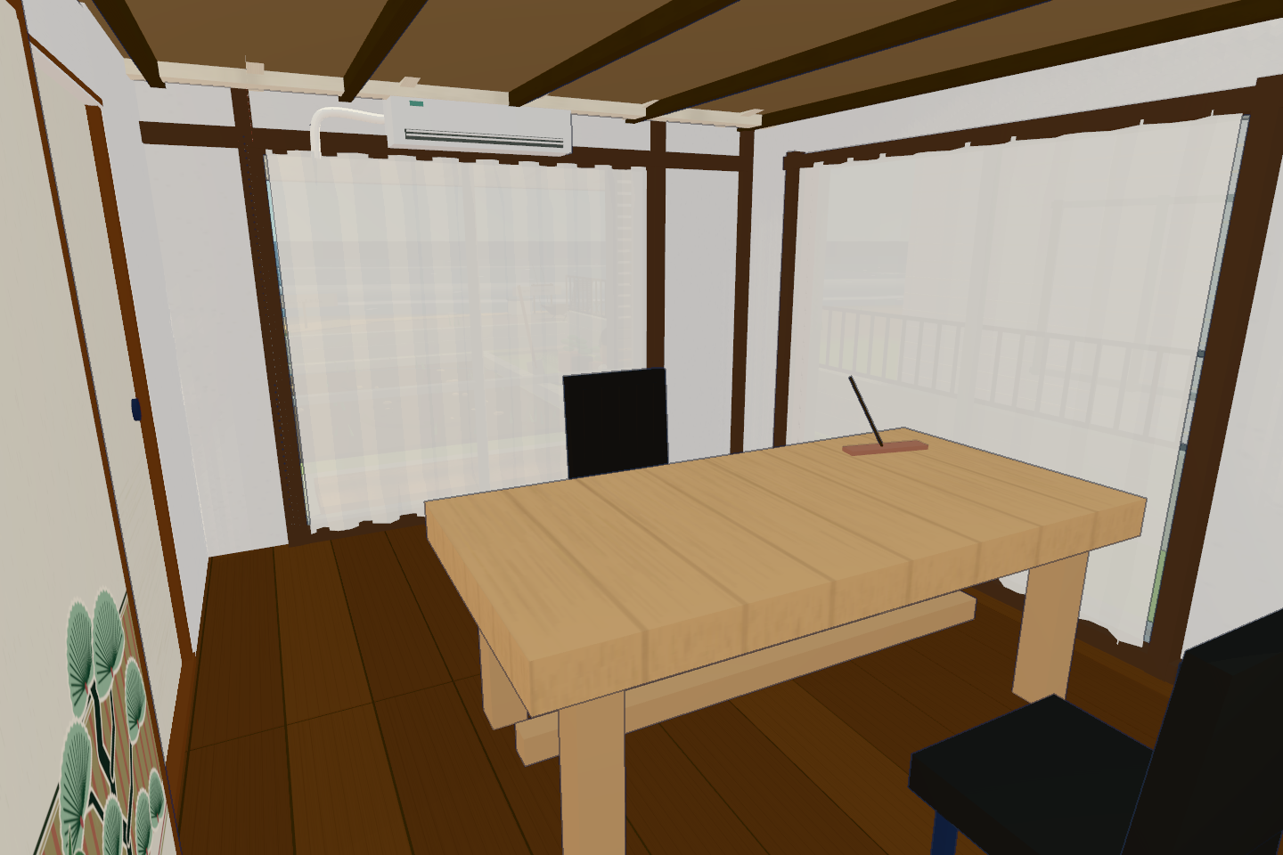時計の側から、左側の椅子と仕事机を見た古民家の3D画面